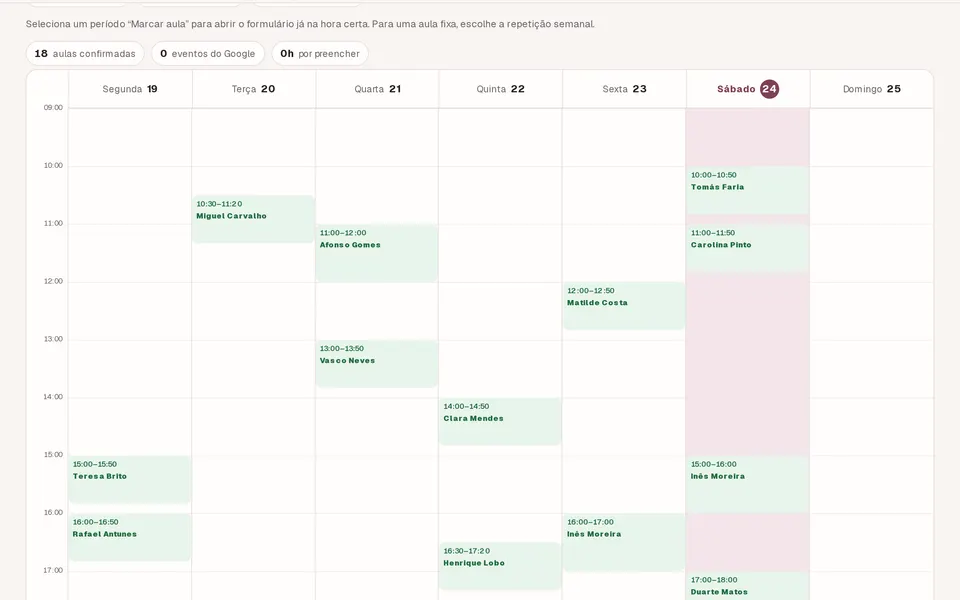 O calendário semanal da escola de demonstração, com as aulas de cada dia.